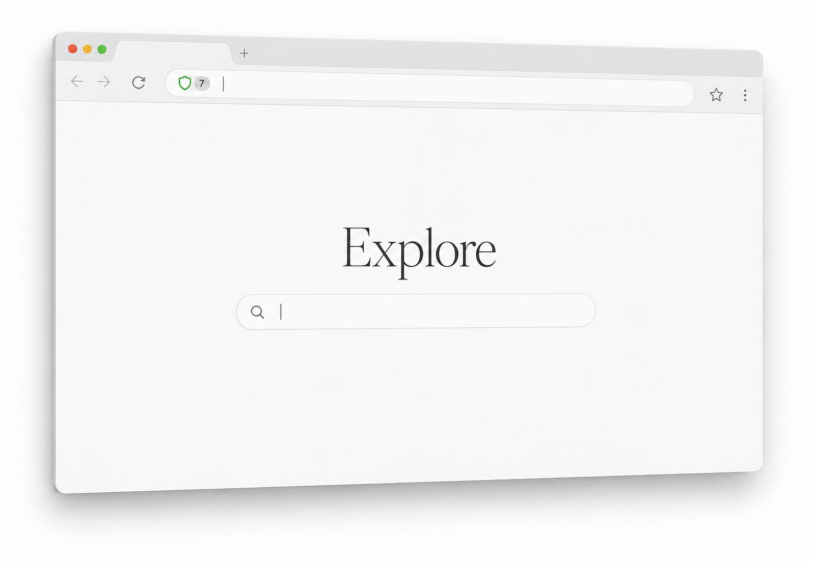 The Virgin browser window: a single tab strip, an address bar with a green shield showing blocked-tracker count, and a quiet new-tab page.